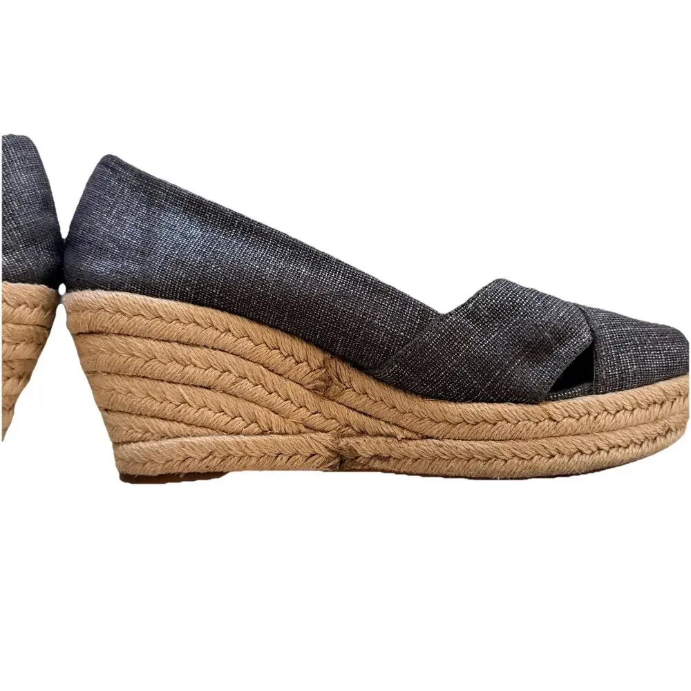 Tory Burch Filipa Pewter Linen Espadrille Wedge Platform Sandals Shoes 9 Womens